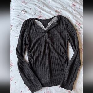 Chic Charcoal Long Sleeve Top with Lace Detail